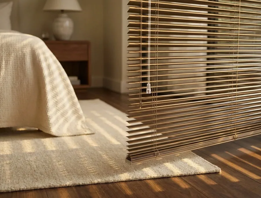 Aluminium venetian blind with slim metal horizontal slats casting striped afternoon light across a bedroom floor