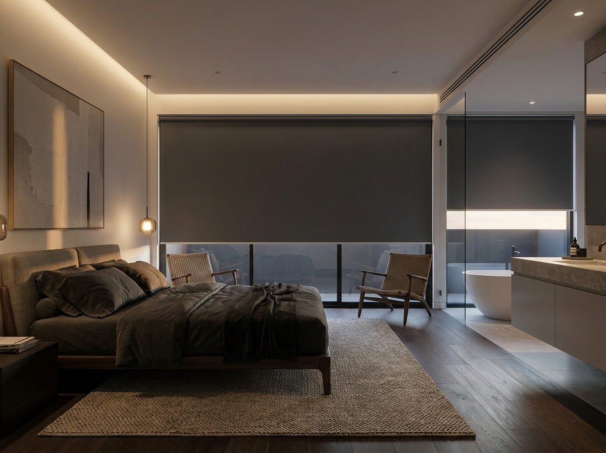 Main en-suite bedroom in a contemporary estate home with a dark blockout roller blind lowered over a wide window