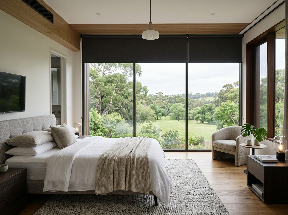 Contemporary main bedroom suite with full-height glazing and a blockout blind facing open parkland