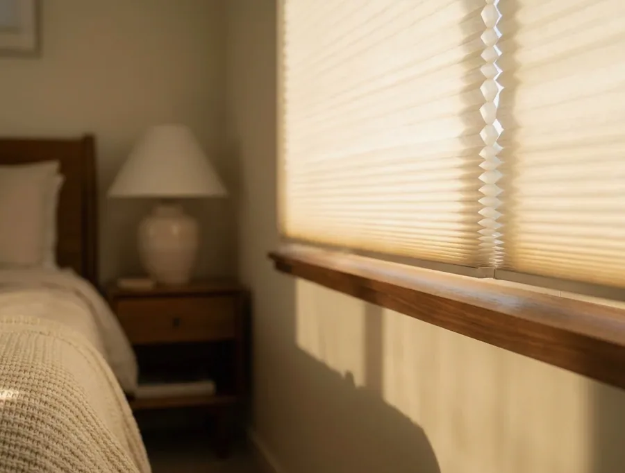 Cellular honeycomb blind showing its concertina air cells filtering warm light in a bedroom