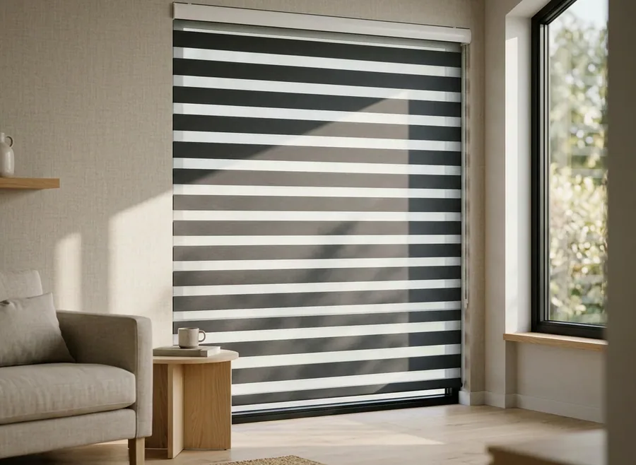 Day-night blind with alternating sheer and solid horizontal bands drawn across a living-room window