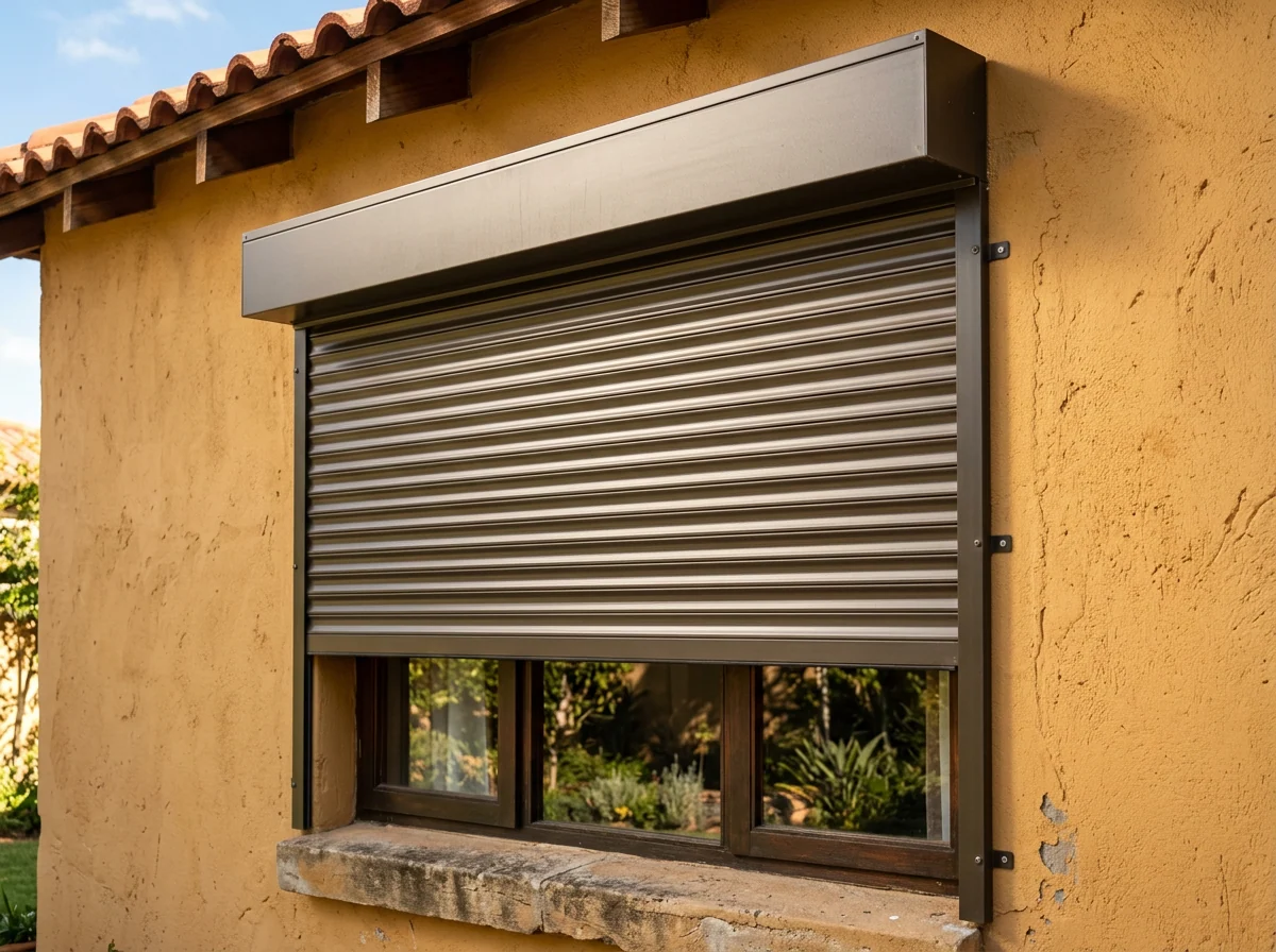 External aluminium roller shutter with rigid interlocking horizontal slats rolling down from a headbox and running in side guide rails, mounted outside a window on an ochre-rendered Mediterranean-style wall