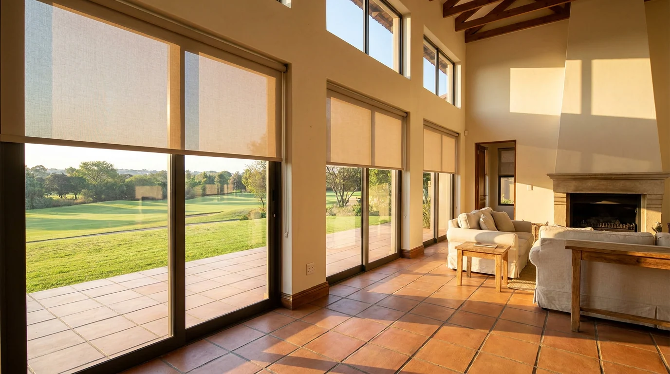 Double-volume lounge in an estate home with terracotta floor tiles, flat sunscreen roller blinds lowered across the full-height fairway-facing sliding doors while low afternoon sun rakes across the floor