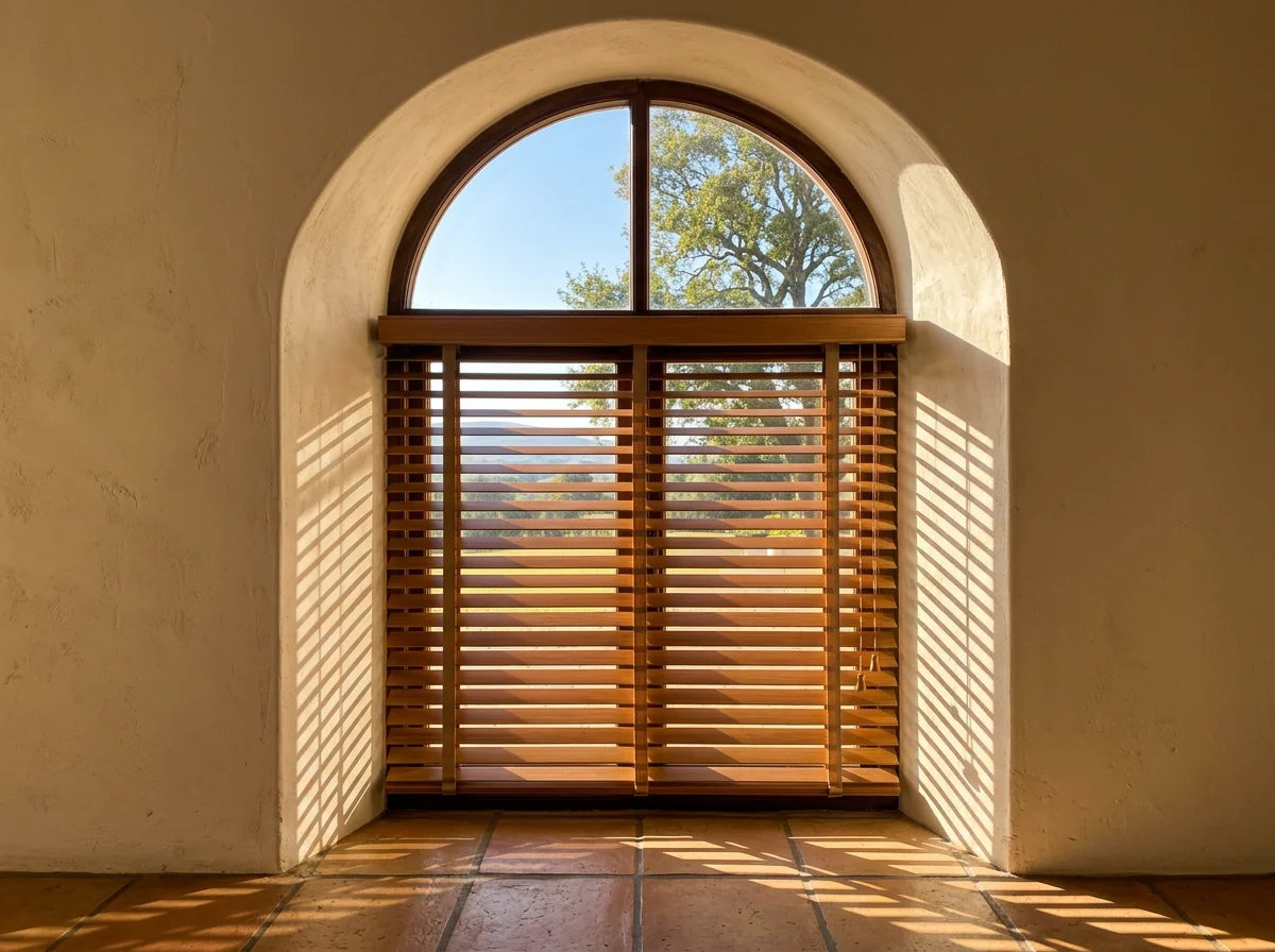 Timber venetian blind with flat horizontal wooden slats tilted inside the square lower part of a deep arched-head plastered reveal, the curved arch above left as clear glass, striped afternoon light falling across the terracotta floor