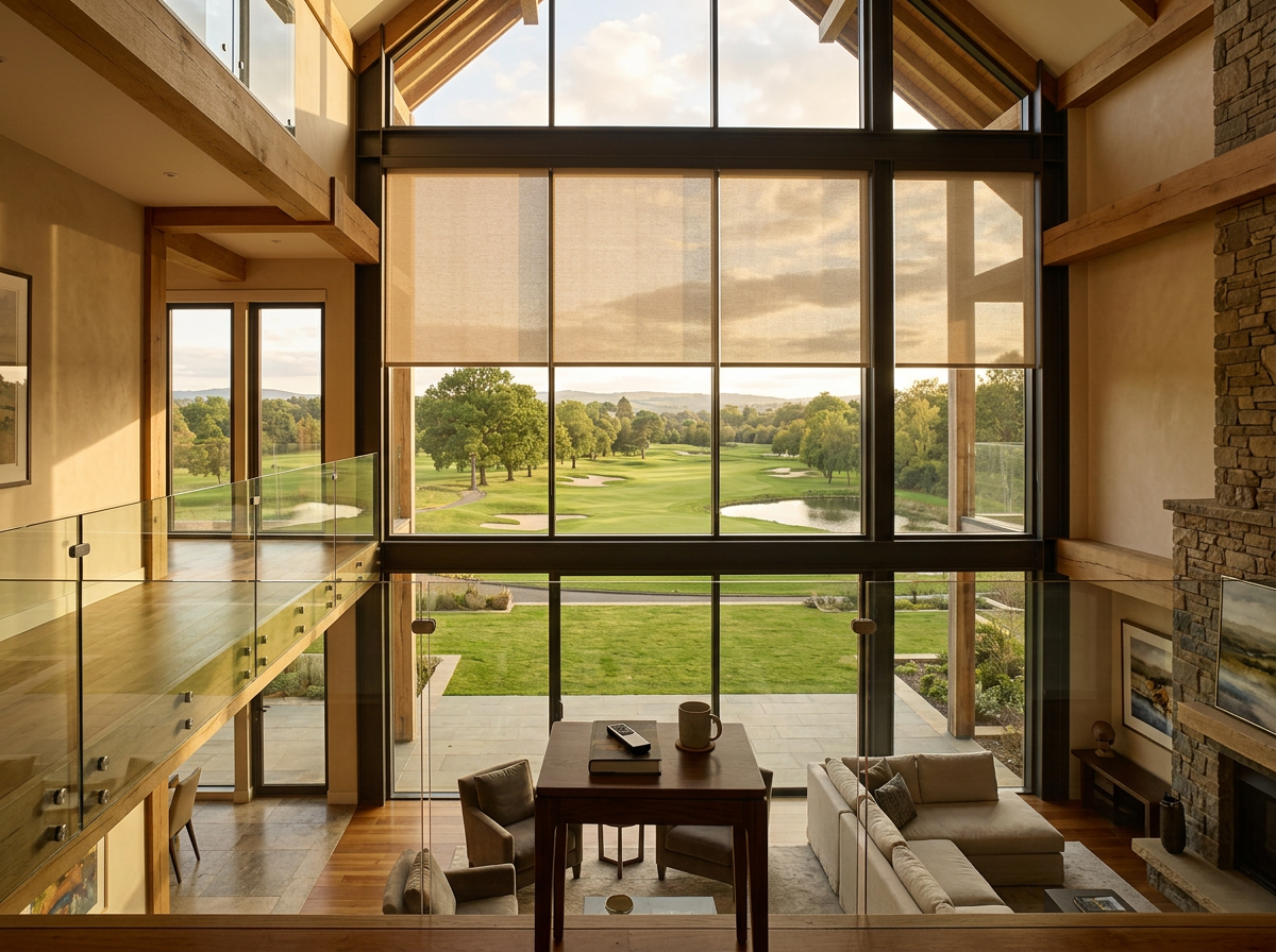 Double-volume living space in a Dainfern home with a motorised roller blind across full-height glazing facing the golf course, remote resting on a side table