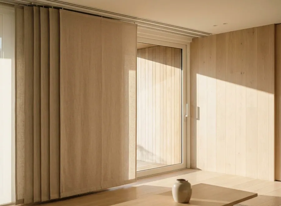 Panel blinds — wide flat fabric panels sliding on a ceiling track across a full-height glazed wall