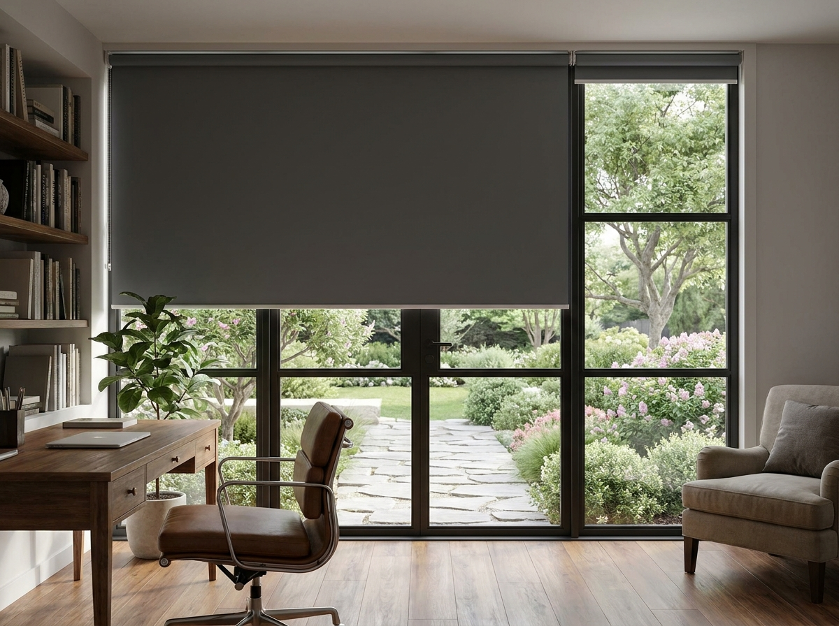 Home study with tall windows dressed in a blockout blind, framed view onto a landscaped garden