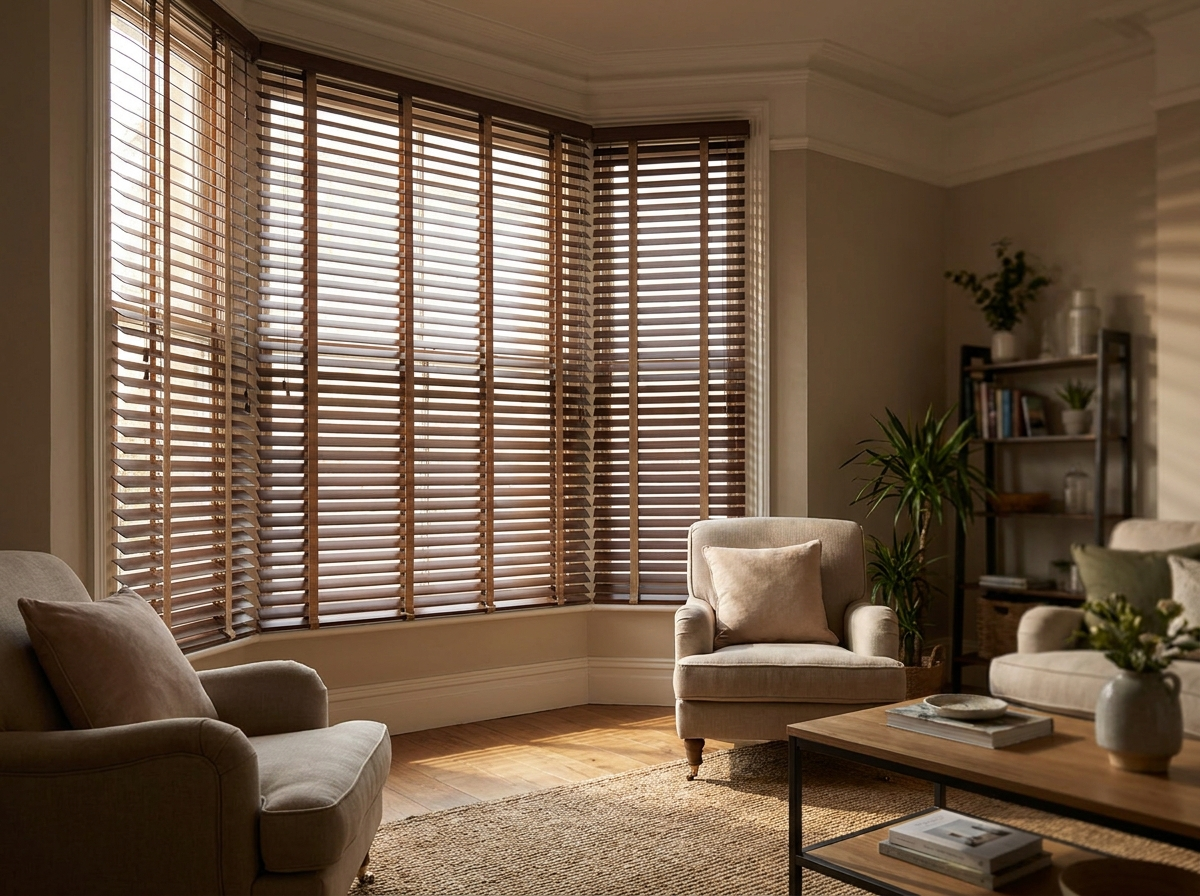 Timber venetian blind with horizontal wooden slats and ladder tapes tilted open above a bay window in a lounge