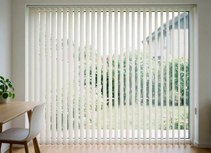 Vertical blind with hanging fabric vanes drawn across a wide sliding door onto the garden