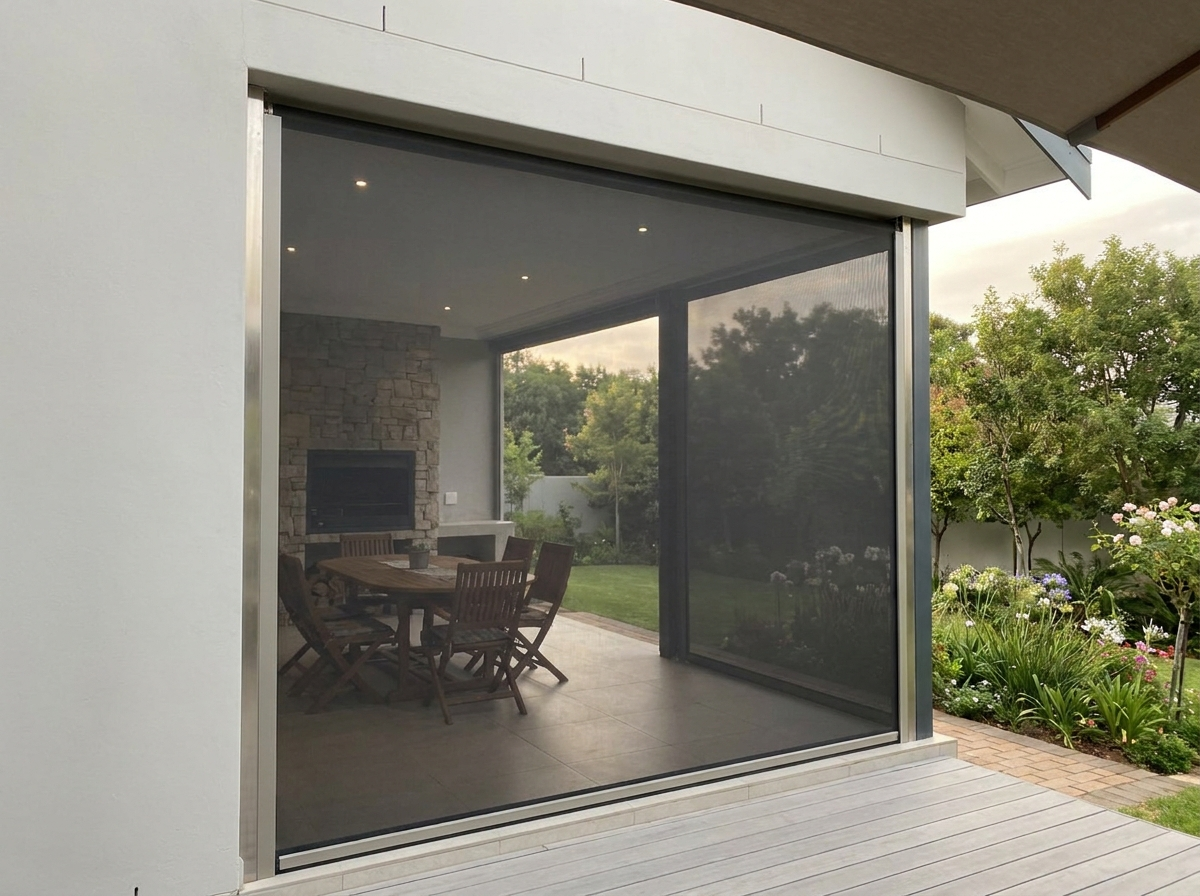 Outdoor zip screen of taut mesh held in side channels, shading a covered braai patio while the garden stays visible through it